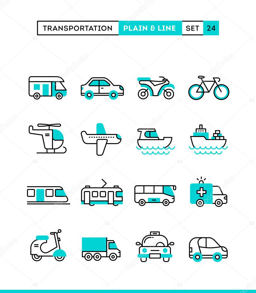 Transportation. Plain and line icons set, flat design, vector illustration