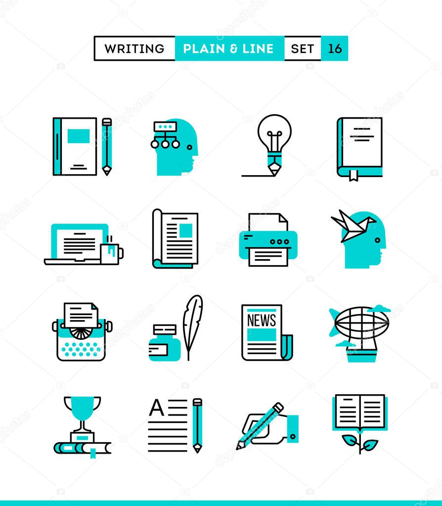 Writing, blogging, bestseller book, storytelling and more. Plain and line icons set, flat design, vector illustration