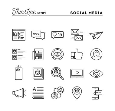 Sosyal medya, iletişim, kişisel profil, online gönderme ve daha ince çizgi Icons set