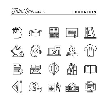 Eğitim, online kitap, uzaktan eğitim, webinar ve daha fazla, ince çizgi Icons set