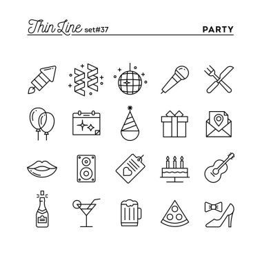 Parti, kutlama, havai fişek, konfeti ve daha fazla, ince çizgi Icons set