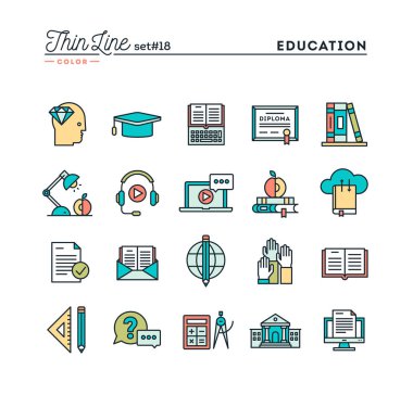 Eğitim, online kitap, uzaktan eğitim, webinar ve daha ince çizgi renk simgeler kümesi, vektör çizim