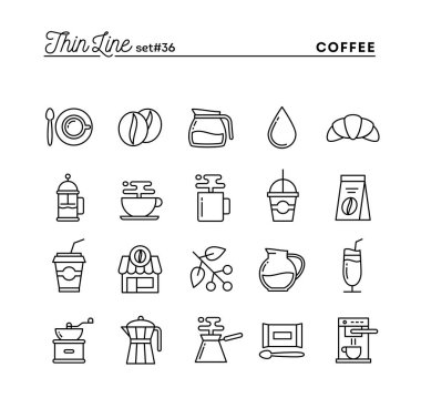 Kahve, ince çizgi Icons set