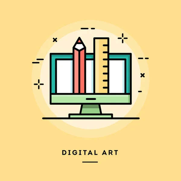 Digitale kunst, platte ontwerp dunne lijn banner — Stockvector