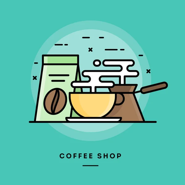 コーヒー ショップ、フラットなデザインの細い線のバナー — ストックベクタ