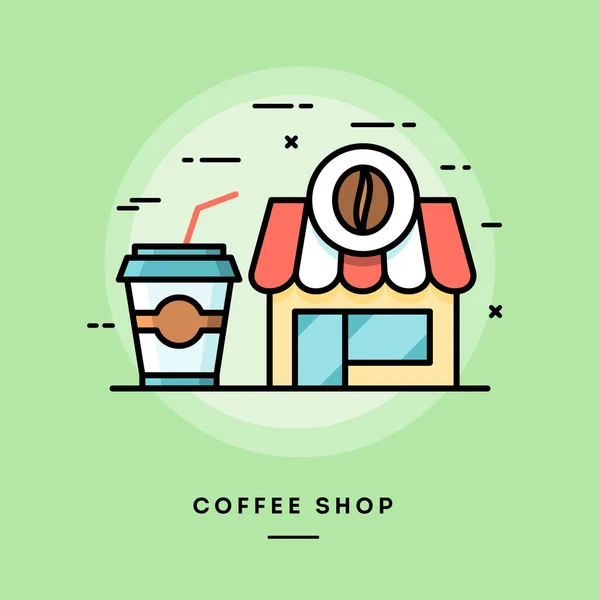 Coffee shop, plochý design tenké linie nápisu — Stockový vektor