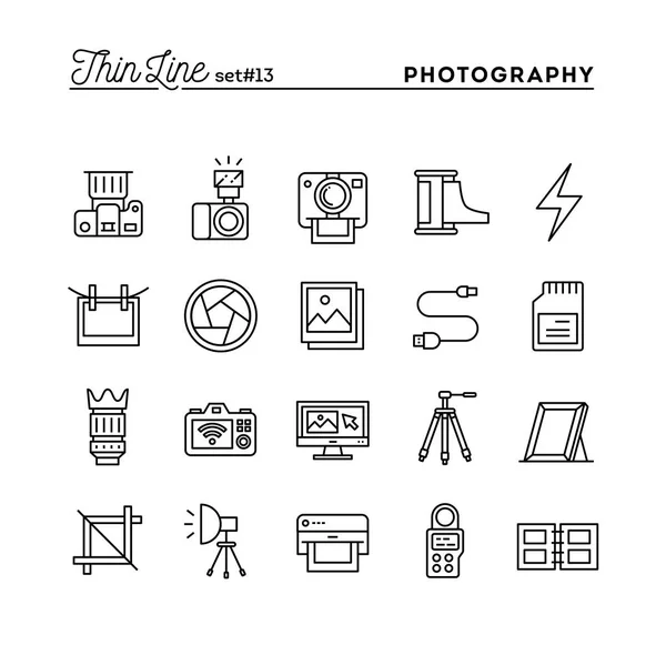 Photography, equipment, post-production, printing and more, thin line icons set — Stock Vector