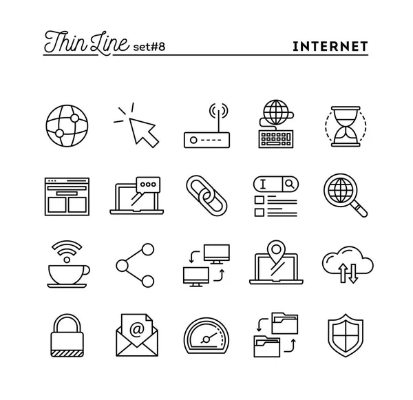Internet, globalnej sieci, przetwarzanie w chmurze, bezpłatne Wifi oraz więcej, cienkich linii zestaw ikon — Wektor stockowy