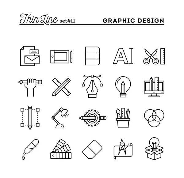 Grafisch ontwerp, creatieve pakket, stationaire, software en meer, dunne lijn icons set — Stockvector