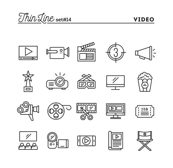 Film, Video, Dreh, Schnitt und mehr, Thin Line Icons gesetzt — Stockvektor