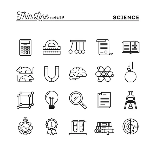 Science, experiments, laboratory, studies and more, thin line icons set — Stock Vector