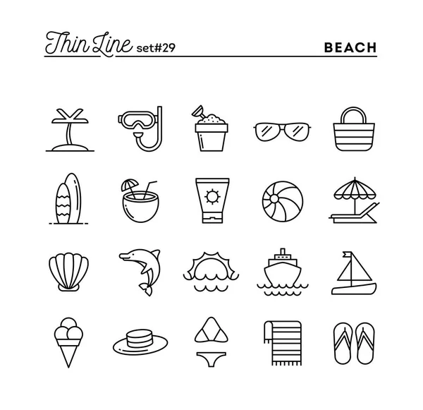 Tropical beach, summer, vacation, cruising and more, thin line icons set — Stock Vector
