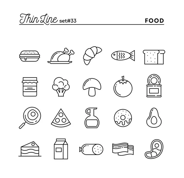 Alimentos, carne, verduras y más, conjunto de iconos de línea delgada — Vector de stock