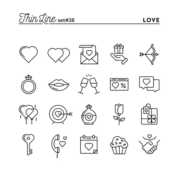 Liebe, Valentinstag, Datierung, Romantik und mehr, Thin Line Icons gesetzt — Stockvektor