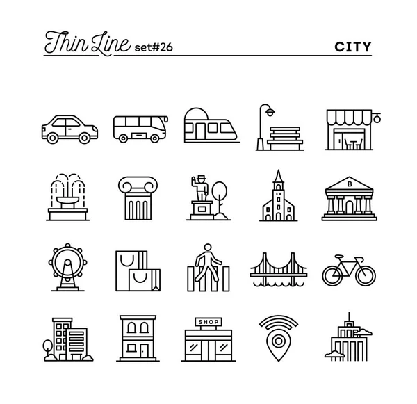 Město, doprava, kultura, nakupování a další, tenká linie ikony nastavit — Stockový vektor