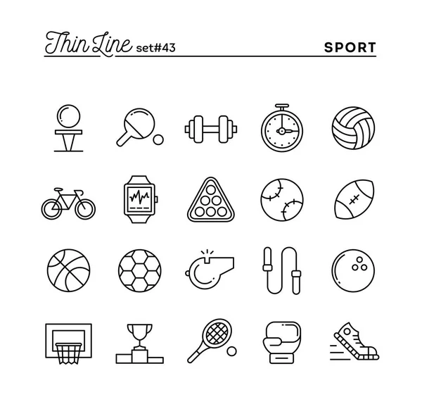 Deportes, recreación, ejercicio, equipo y más, conjunto de iconos de línea delgada — Archivo Imágenes Vectoriales