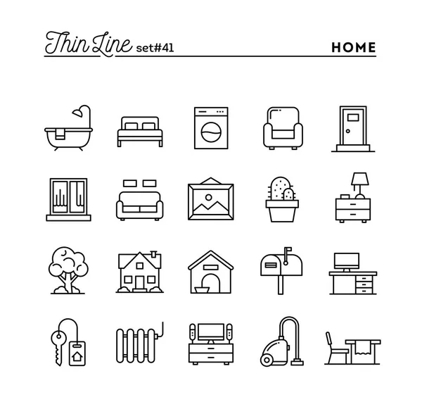Maison, intérieur, meubles et plus, ligne mince icônes ensemble — Image vectorielle