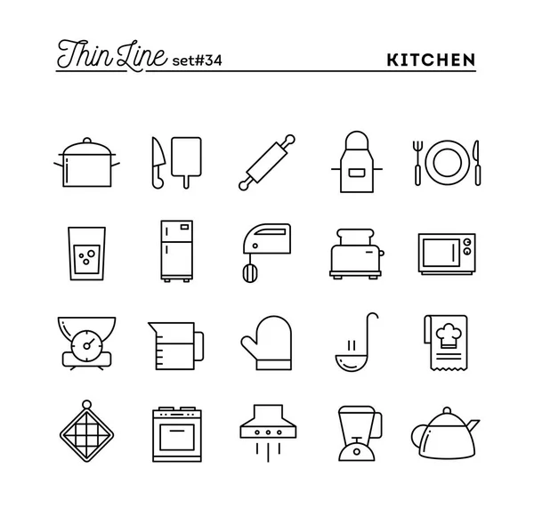 Utensilios de cocina, preparación de alimentos y más, conjunto de iconos de línea delgada — Vector de stock