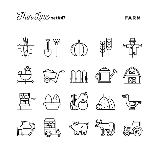 Granja, animales, tierra, producción de alimentos y más, conjunto de iconos de línea delgada — Vector de stock