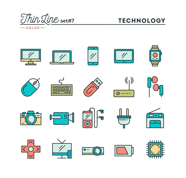 Tecnología Dispositivos Gadgets Más Conjunto Iconos Color Línea Delgada Ilustración — Vector de stock
