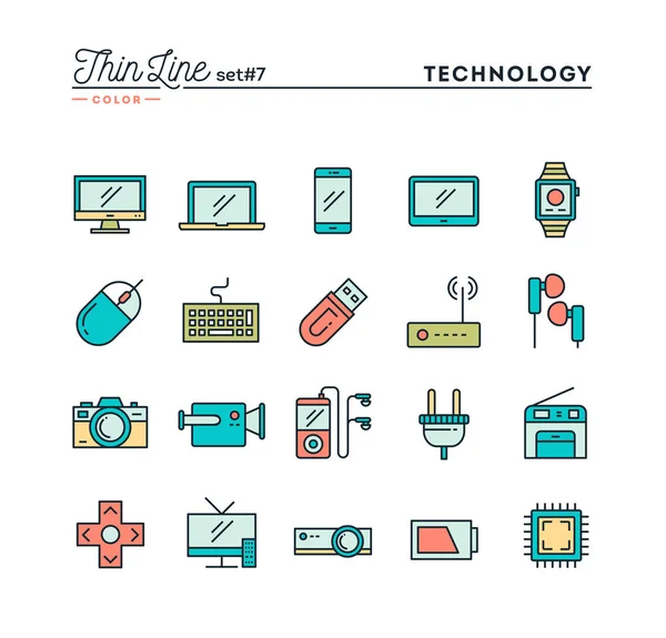 Technologie Zařízení Přístroje Větší Tenké Čáry Barevná Ikony Nastavení Vektorové — Stockový vektor