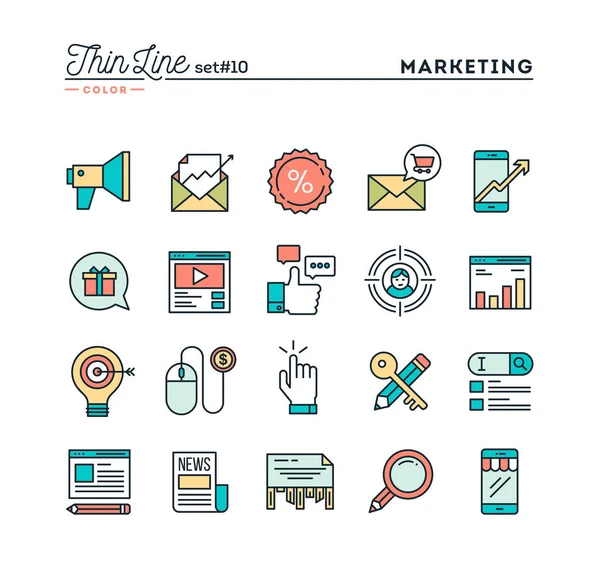 Digitális marketing, online üzleti, célközönség, pay-per-click, és több, vékony vonal színe ikonok beállítása — Stock Vector