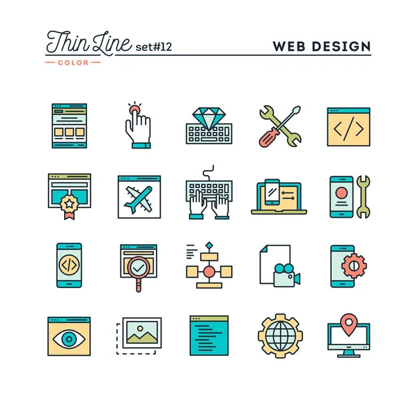 Web design, codificação, responsivo, desenvolvimento de aplicativos e muito mais, conjunto de ícones de cores de linha fina — Vetor de Stock