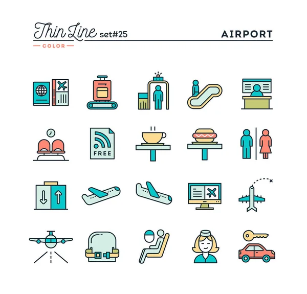 Aéroport, numérisation de bagages, vol, louer une voiture et plus, ligne mince icônes de couleur ensemble — Image vectorielle