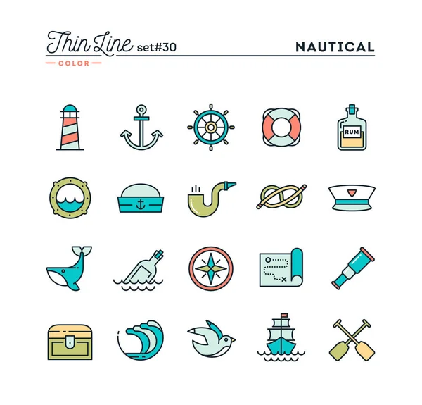 Nautical Sailing Sea Animals Marine More Thin Line Color Icons — Stock Vector