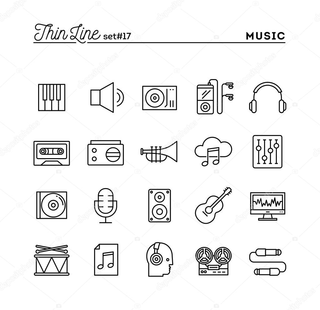 Music, sound, recording, editing and more, thin line icons set
