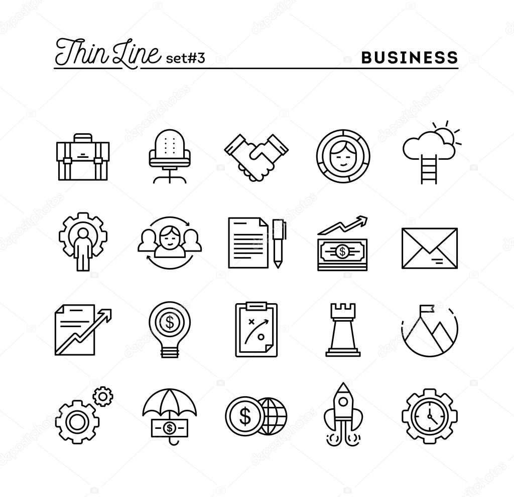 Business, entrepreneurship, teamwork, goals and more, thin line icons set