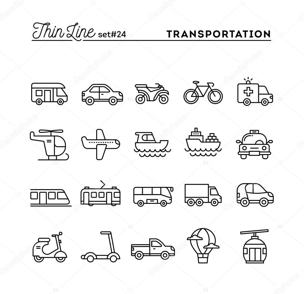 Transportation and vehicles, thin line icons set