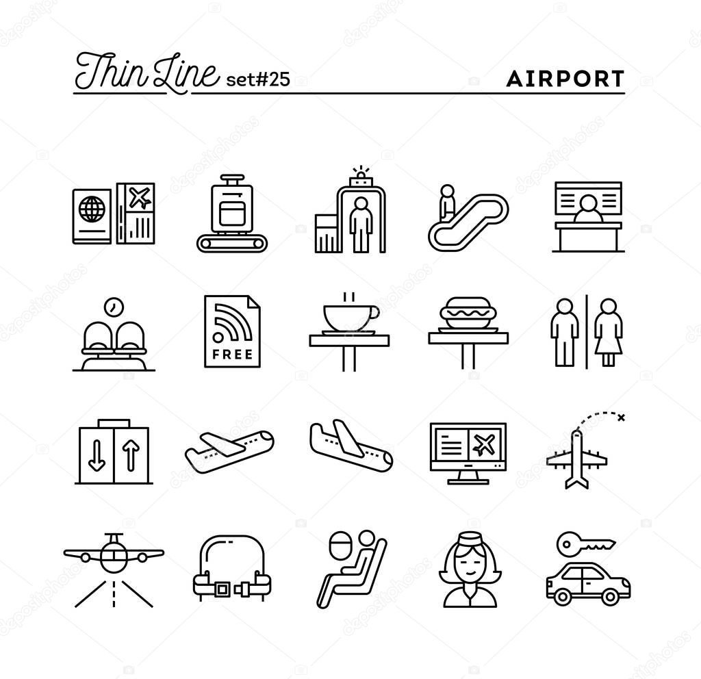 Airport, luggage scanning, flight, rent a car and more, thin line icons set