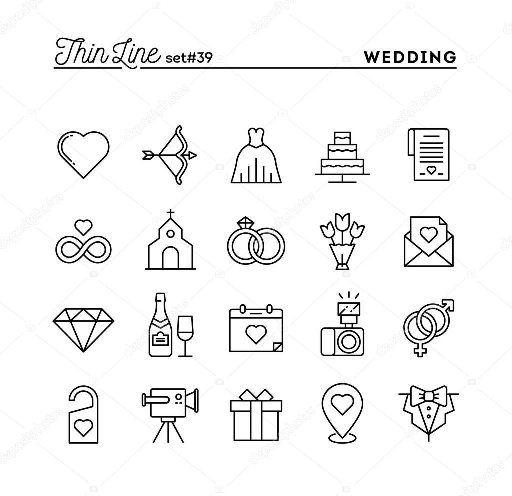 Wedding, bridal dress, event invitation, celebration party and more, thin line icons set