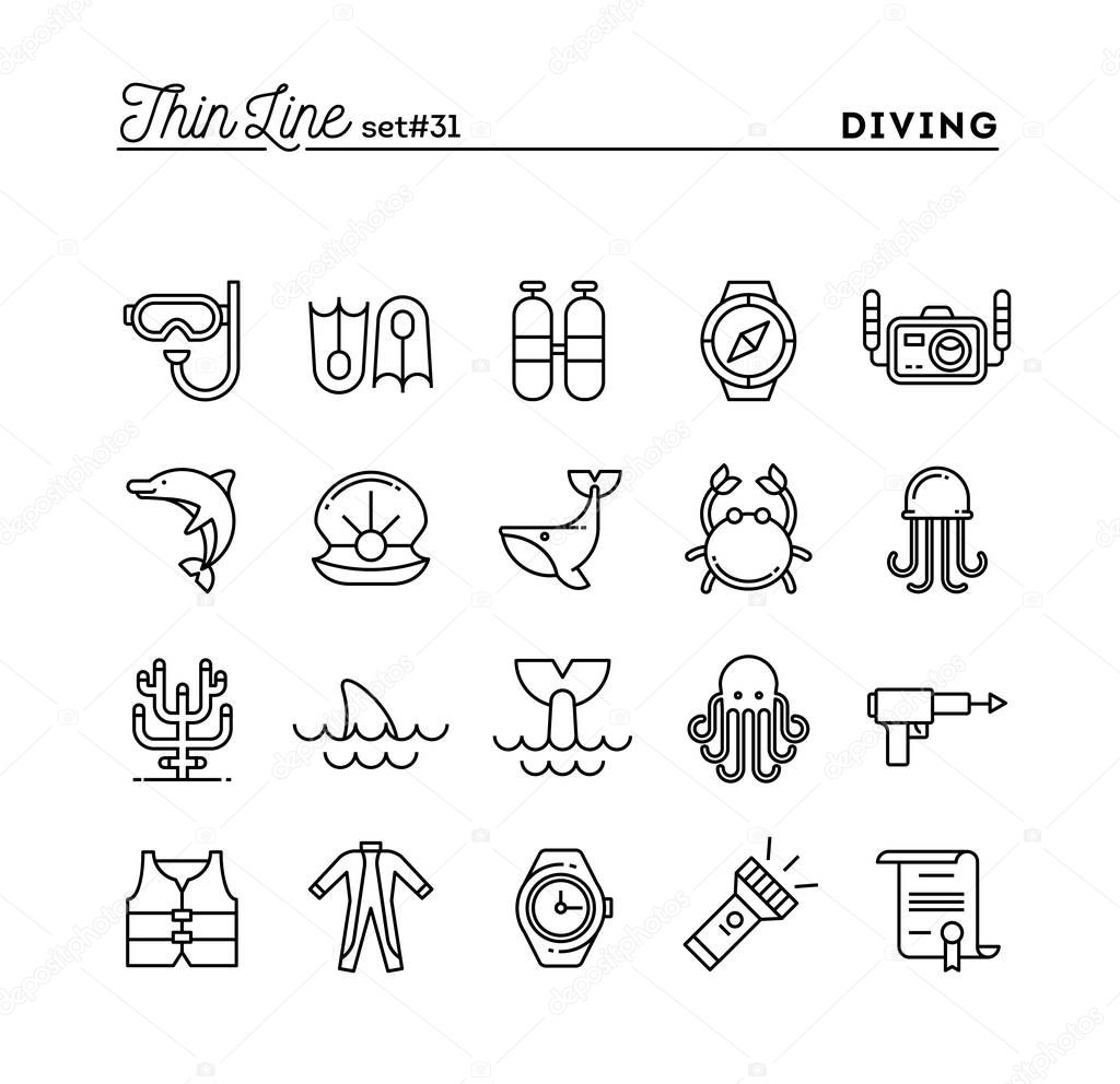 Scuba diving, underwater animals, equipment, certificate and more, thin line icons set