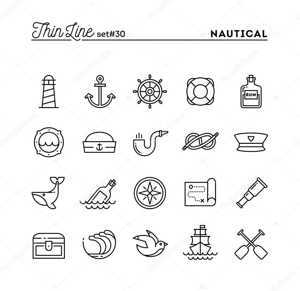 Nautical, sailing, sea animals, marine and more, thin line icons set