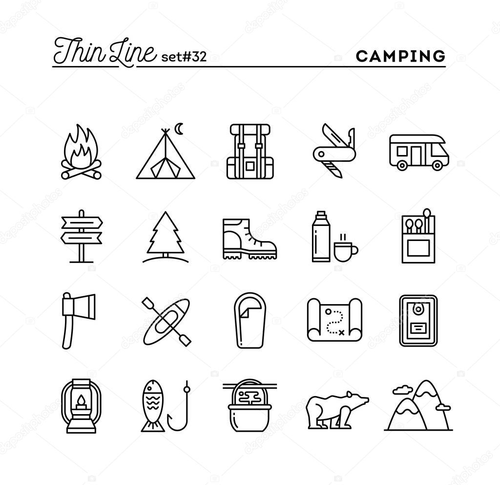 Camping, hiking, wilderness, adventure and more, thin line icons set