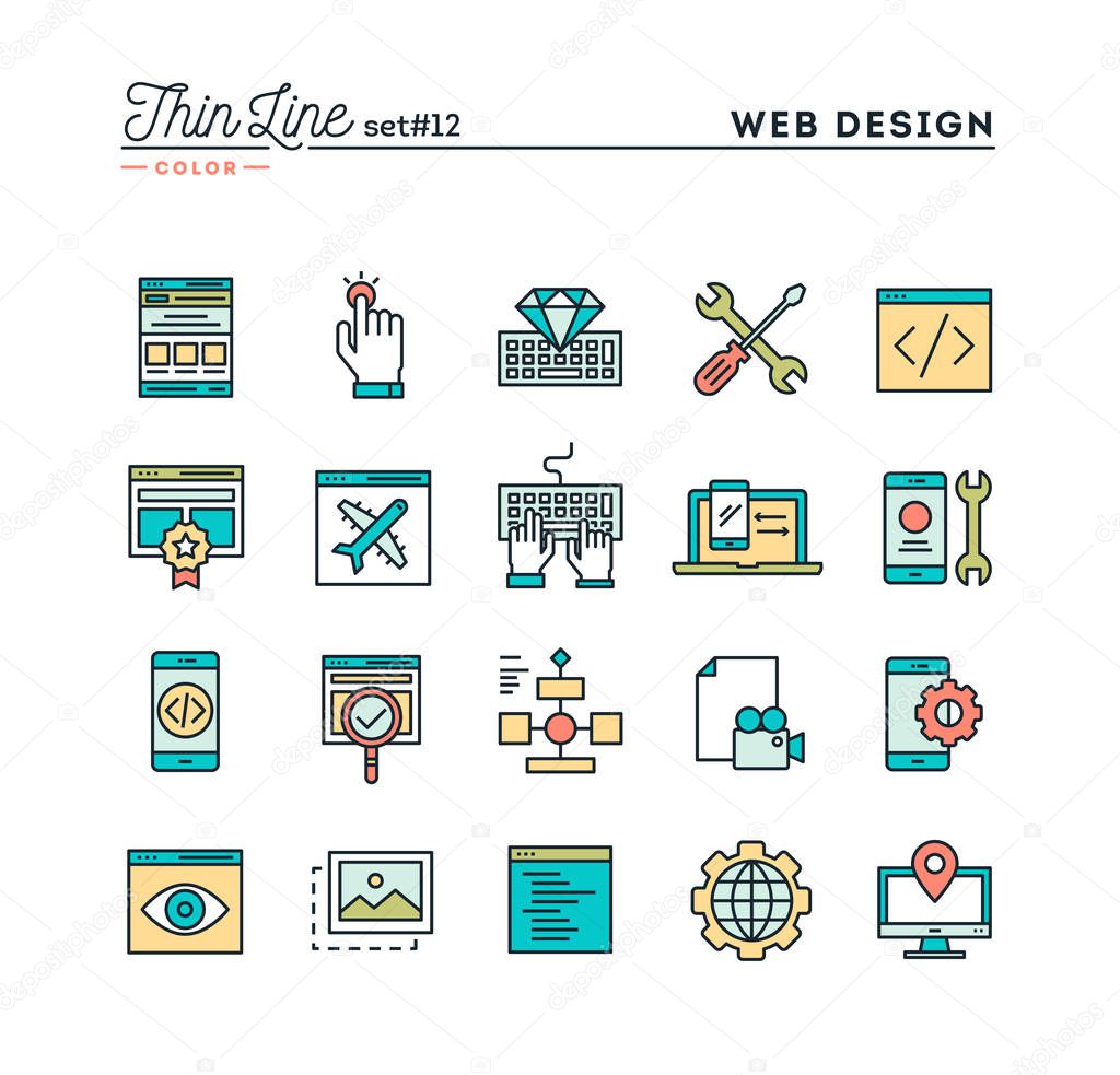 Web design, coding, responsive, app development and more, thin line color icons set