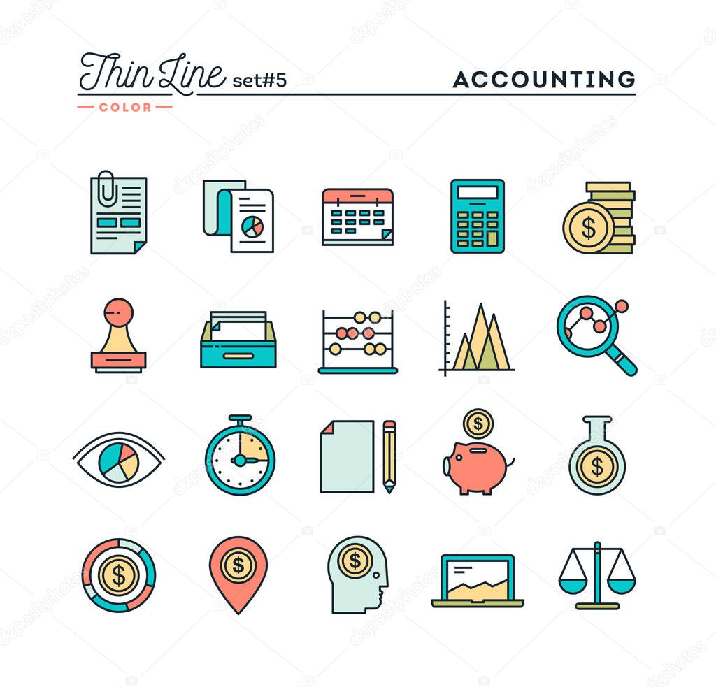 Accounting, business statistics, time, money management and more, thin line color icons set