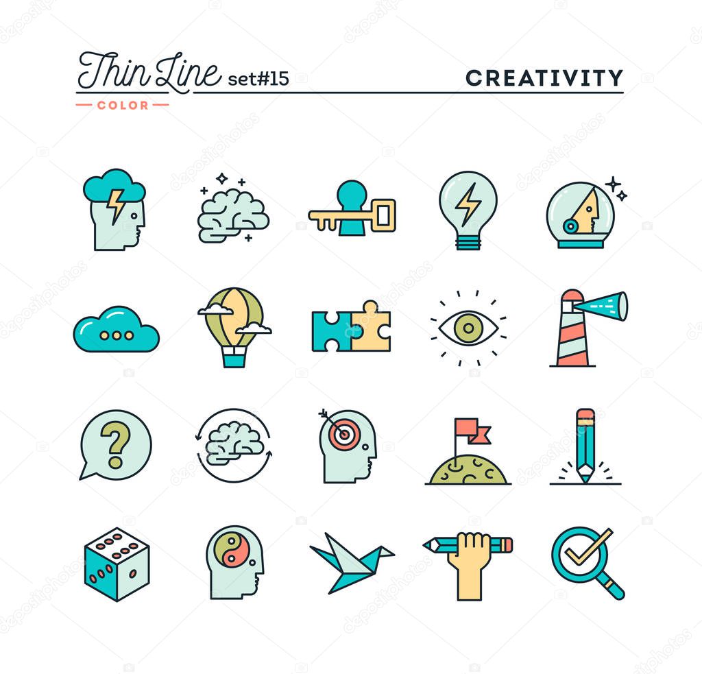 Creativity, imagination, problem solving, mind power and more, thin line color icons set