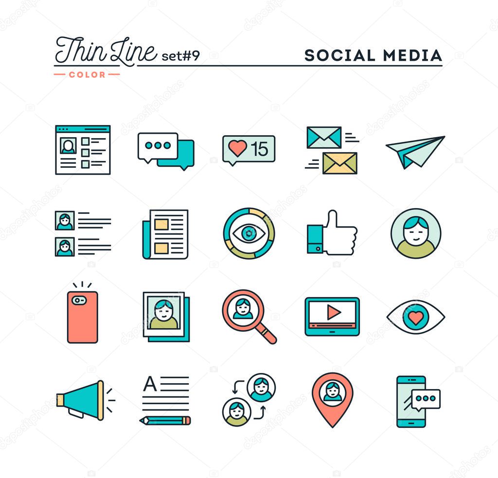 Social media, communication, personal profile, online posting and more, thin line color icons set