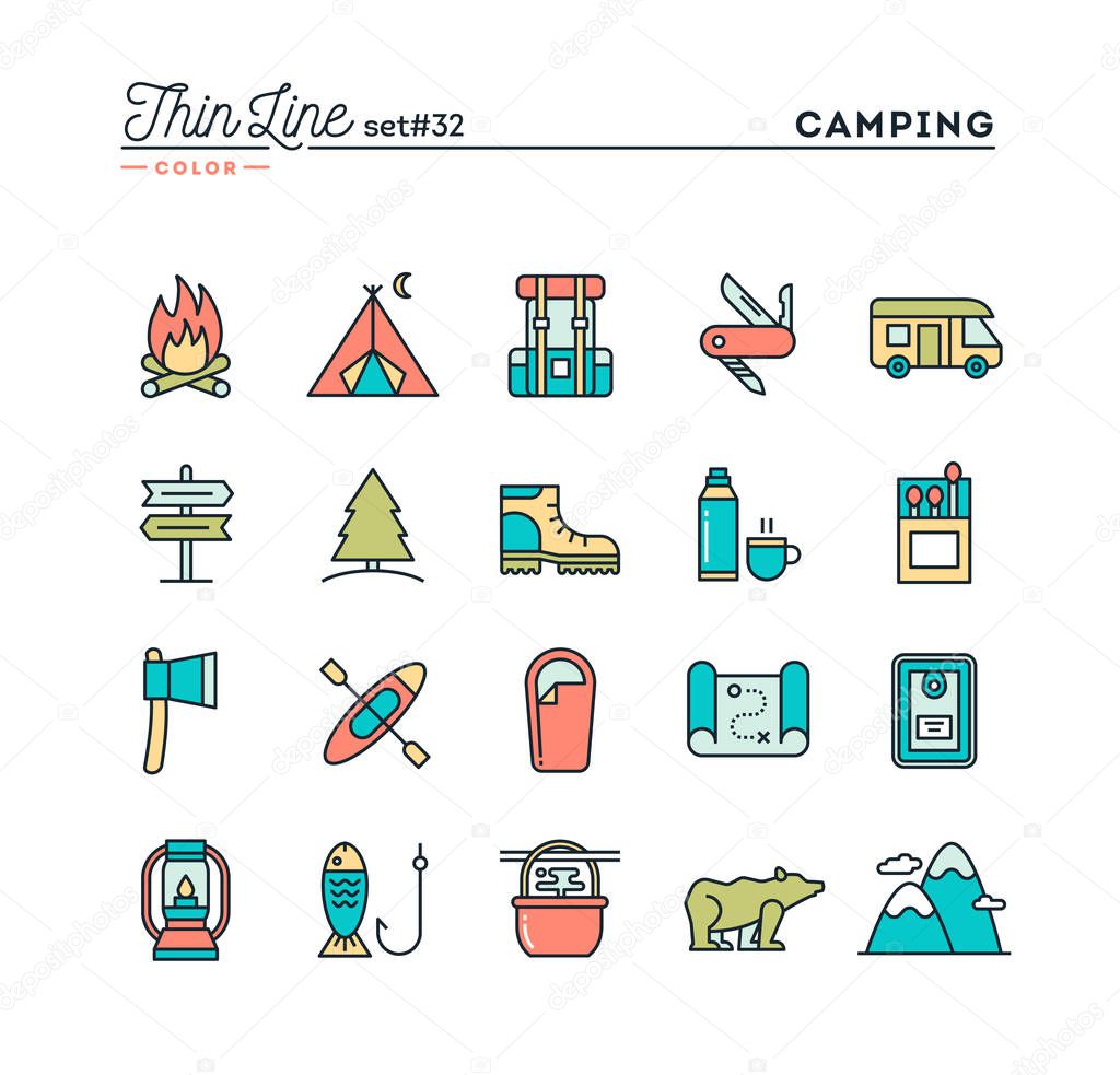 Camping, hiking, wilderness, adventure and more, thin line color icons set