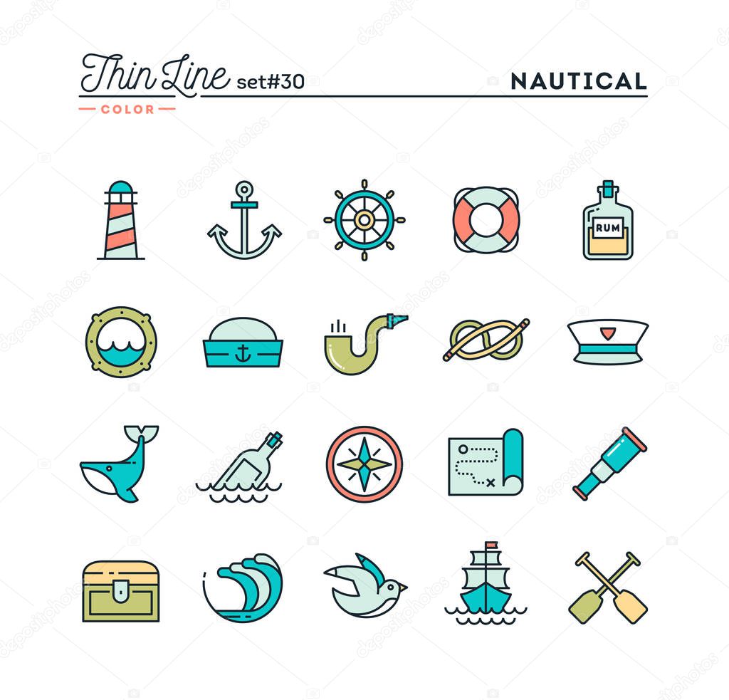 Nautical, sailing, sea animals, marine and more, thin line color icons set, vector illustration