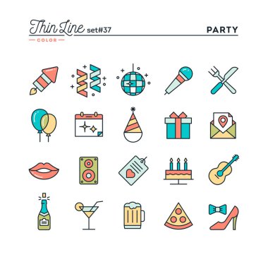 Parti, kutlama, havai fişek, konfeti ve daha fazla, ince çizgi Icons set renk