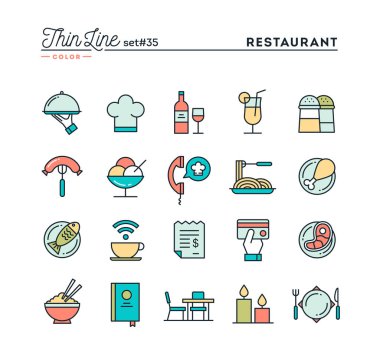 Restoran, telefon, yemek, alış irsaliyesi ve sipariş daha fazla, ince çizgi renk Icons set