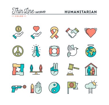 İnsani yardım, barış, adalet, insan hakları ve daha fazla, ince çizgi Icons set renk