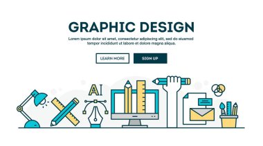 Grafik tasarım, renkli kavramı üstbilgi, düz tasarım ince çizgi stili