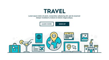 Seyahat, renkli kavramı üstbilgi, düz tasarım ince çizgi stili