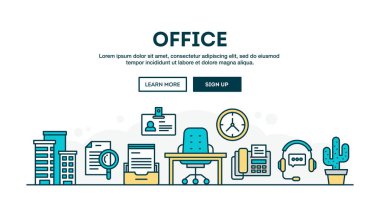 Office, renkli kavramı üstbilgi, düz tasarım ince çizgi stili
