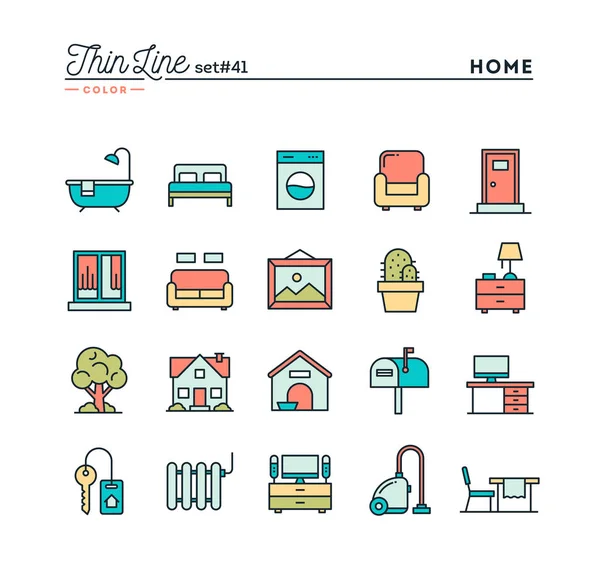 Rumah, interior, furnitur dan lebih, garis tipis ikon warna ditetapkan - Stok Vektor